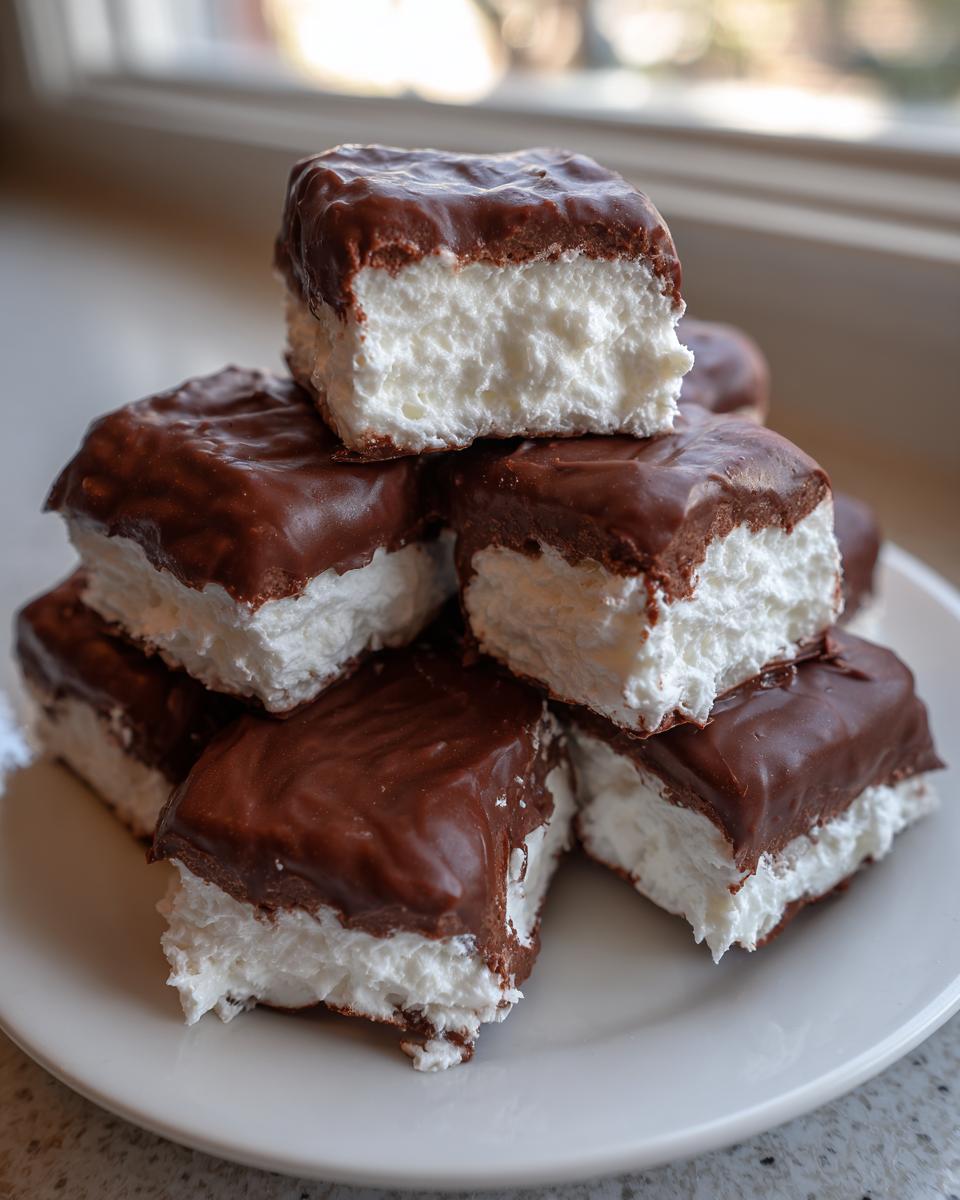 A stack of homemade cool whip candy squares, featuring a thick white filling topped with rich chocolate ganache.