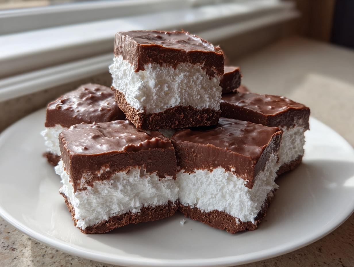 A stack of layered cool whip candy squares with a chocolate topping and crust on a white plate.