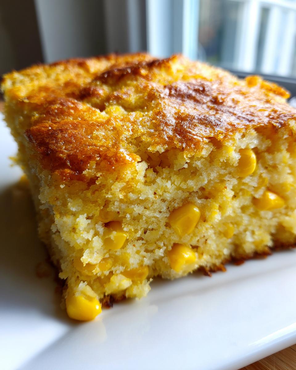 A close-up, macro shot of a moist slice of golden cornbread casserole studded with whole corn kernels.