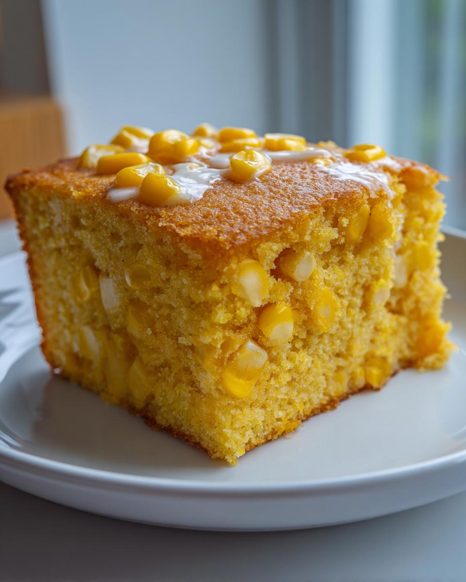 A close-up of a square slice of moist cornbread casserole studded with whole corn kernels, served on a white plate.