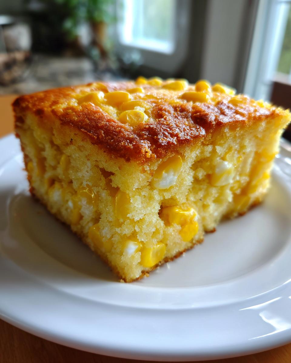A square slice of golden cornbread casserole studded with whole corn kernels, served on a white plate.