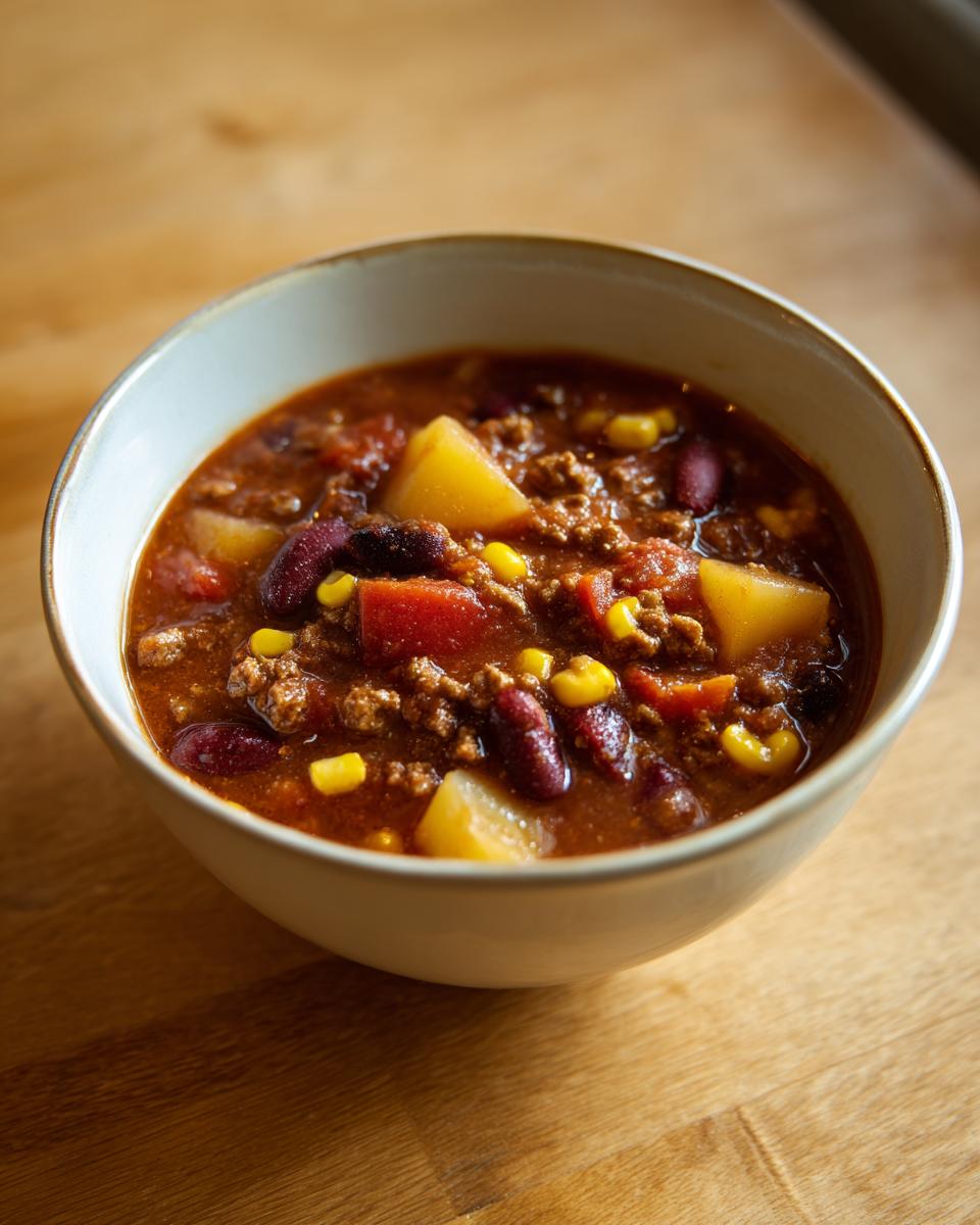 Close-up of a bowl filled with rich, savory cowboy soup featuring ground beef, kidney beans, corn, and potato chunks.