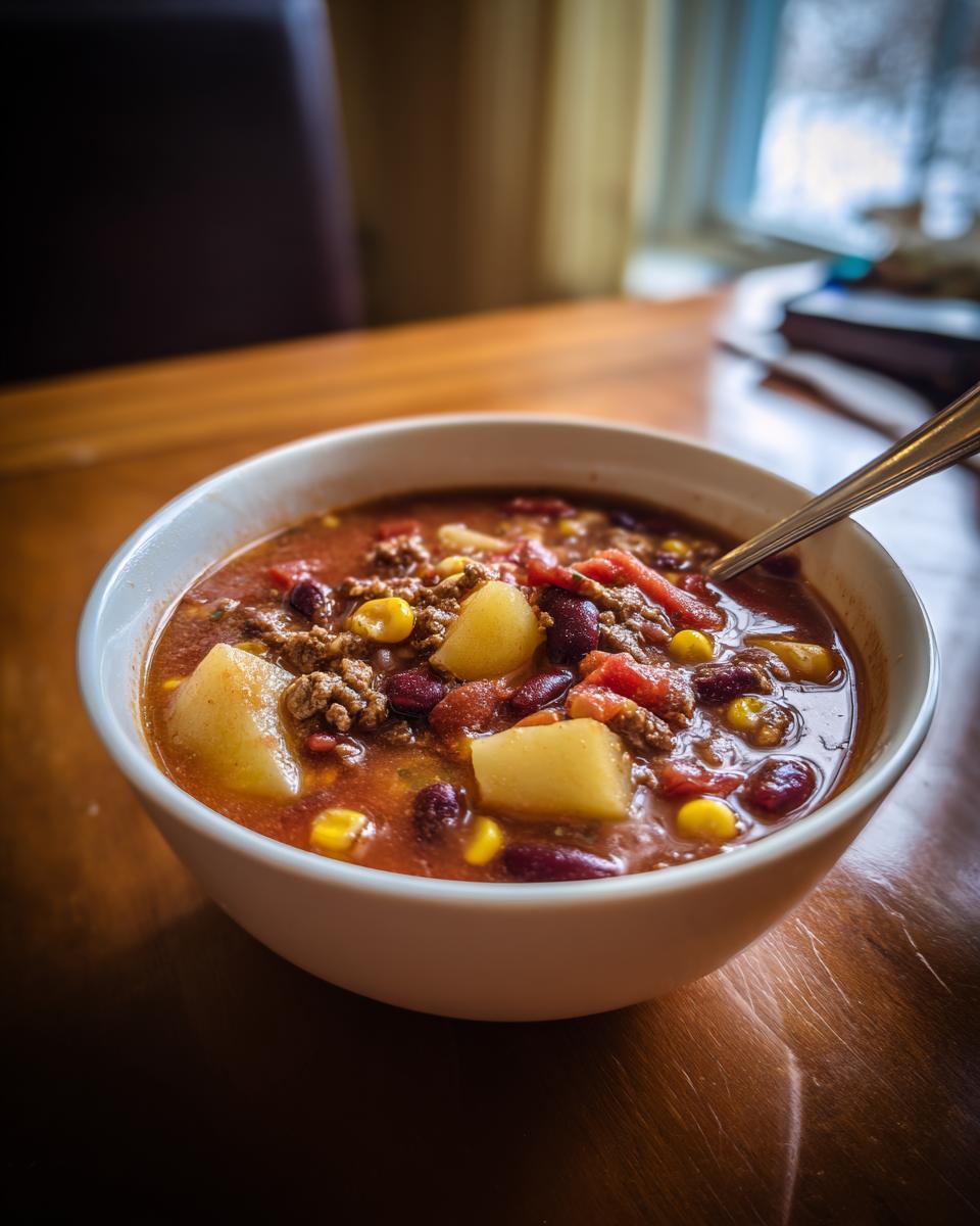 Close-up of a white bowl filled with rich, tomato-based cowboy soup featuring ground beef, kidney beans, corn, and chunks of potato.