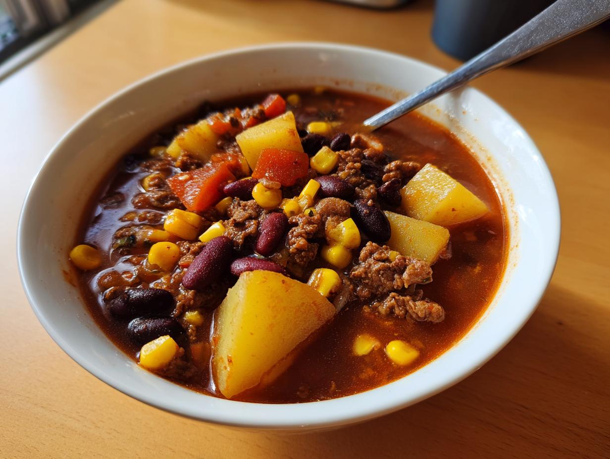 A close-up of a white bowl filled with rich, red cowboy soup featuring ground beef, kidney beans, corn, and chunks of potato.