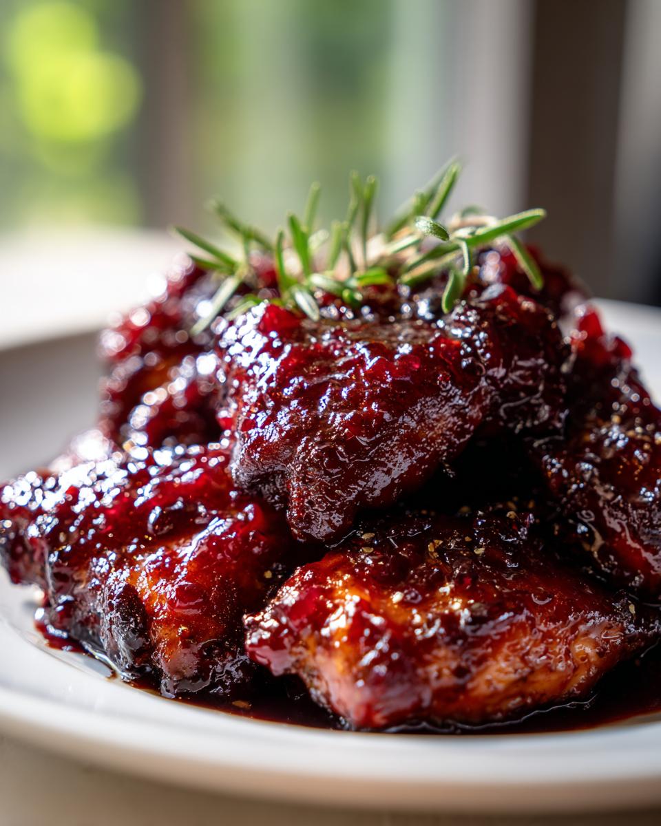 Close-up of rich, dark glazed cranberry chicken pieces piled on a white plate and garnished with fresh rosemary.