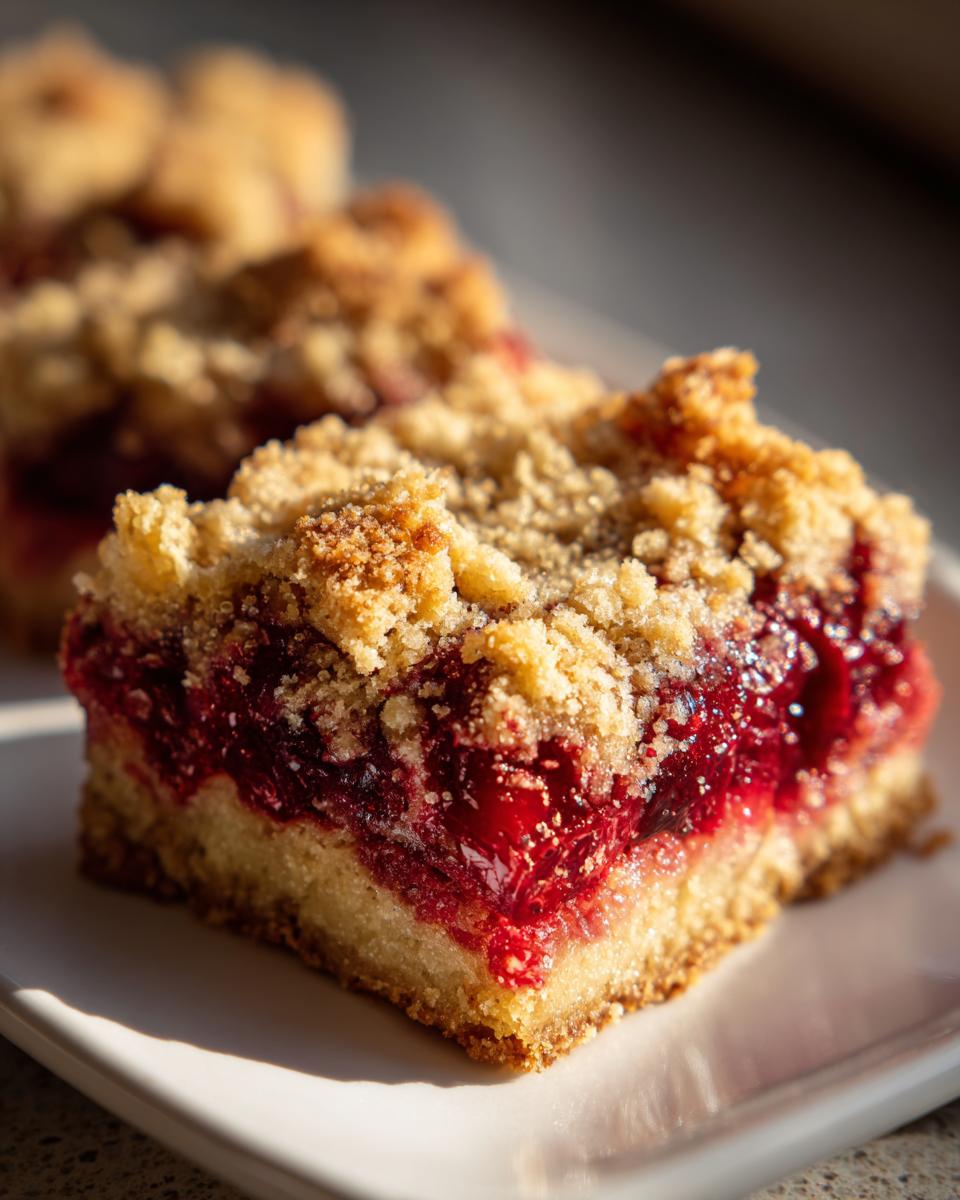 A close-up, sunlit view of a thick square of cranberry crumble bars showing the buttery base, bright red filling, and crumbly topping.