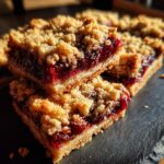 Close-up of two stacked cranberry crumble bars showing the thick, jammy cranberry filling and buttery oat topping.