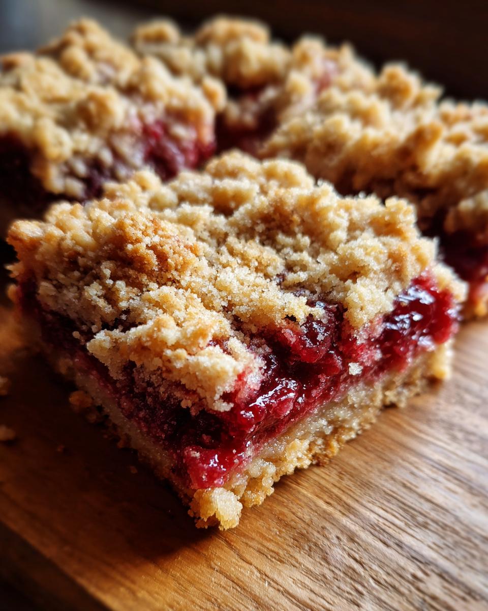 A close-up, macro shot of a rich, square slice of cranberry crumble bars showing the thick, jammy red filling and crumbly topping.