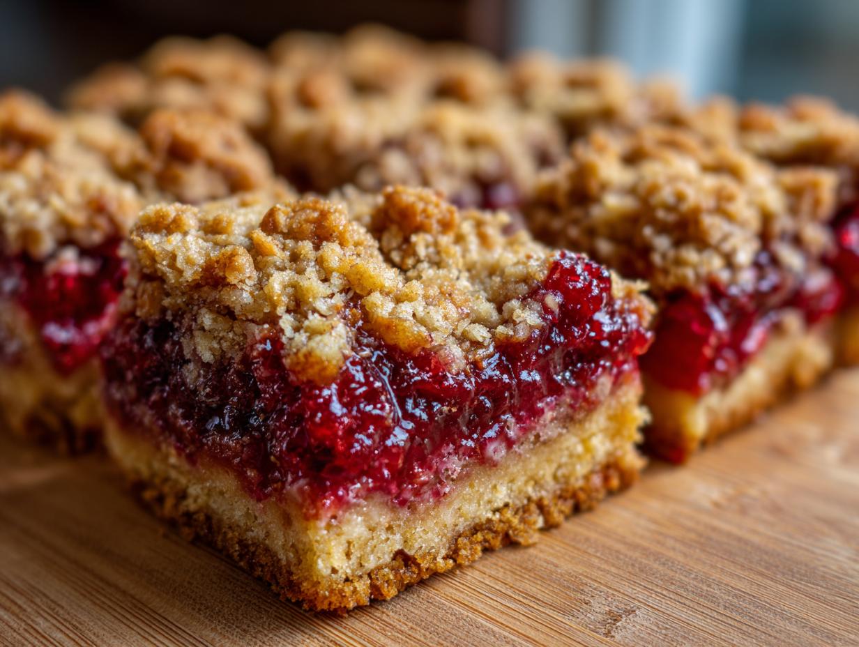 A close-up, featured shot of a row of rich cranberry crumble bars showing the thick, bright red cranberry filling and crumbly topping.