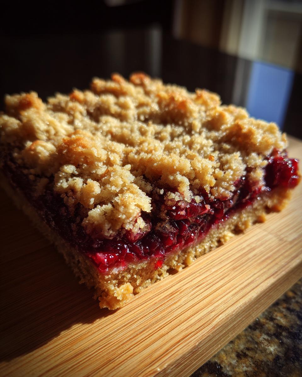 A close-up, side view of a single, thick cranberry crumble bars slice showing the bright red filling and golden topping.