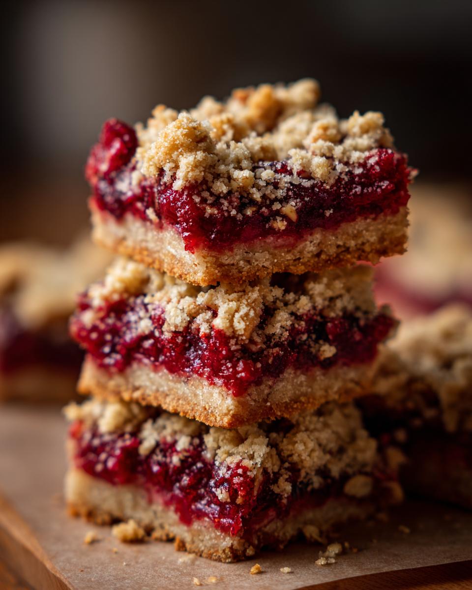 A vertical stack of three rich cranberry crumble bars showing the thick red fruit filling and crumbly topping.