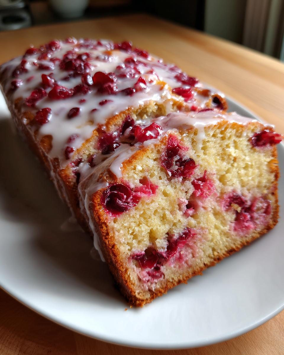 A close-up of sliced cranberry orange bread topped with white glaze and whole cranberries.
