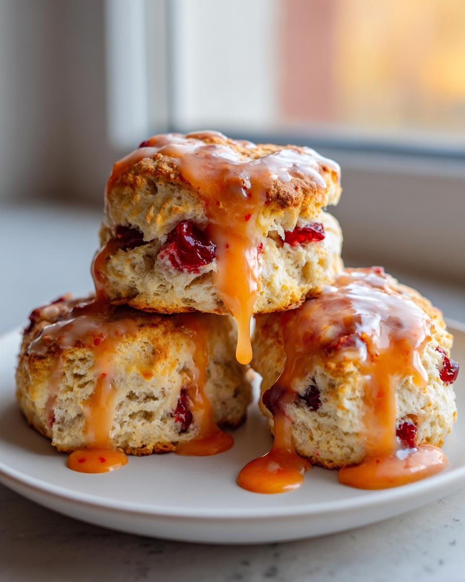 Three delicious cranberry orange scones stacked and drizzled generously with a thick orange glaze.