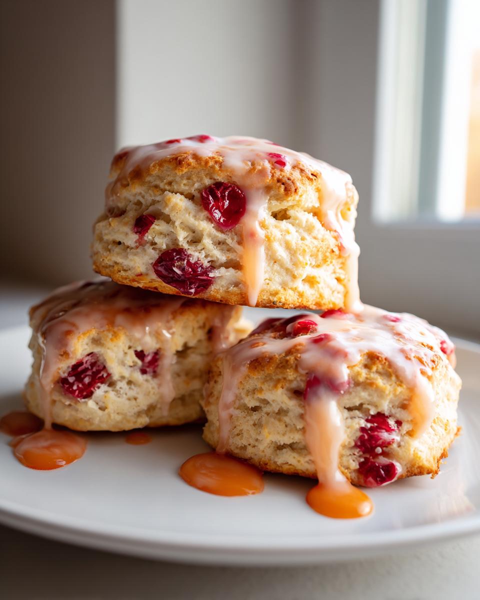 Three delicious cranberry orange scones stacked on a white plate, drizzled with a thick orange glaze.