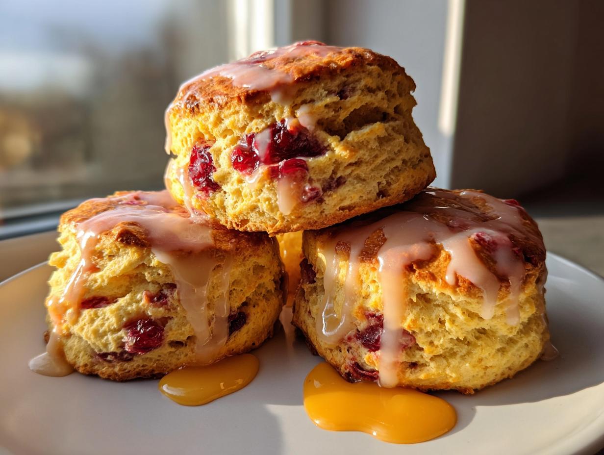 Close-up of three fluffy cranberry orange scones stacked on a white plate, drizzled with a light glaze and orange syrup.