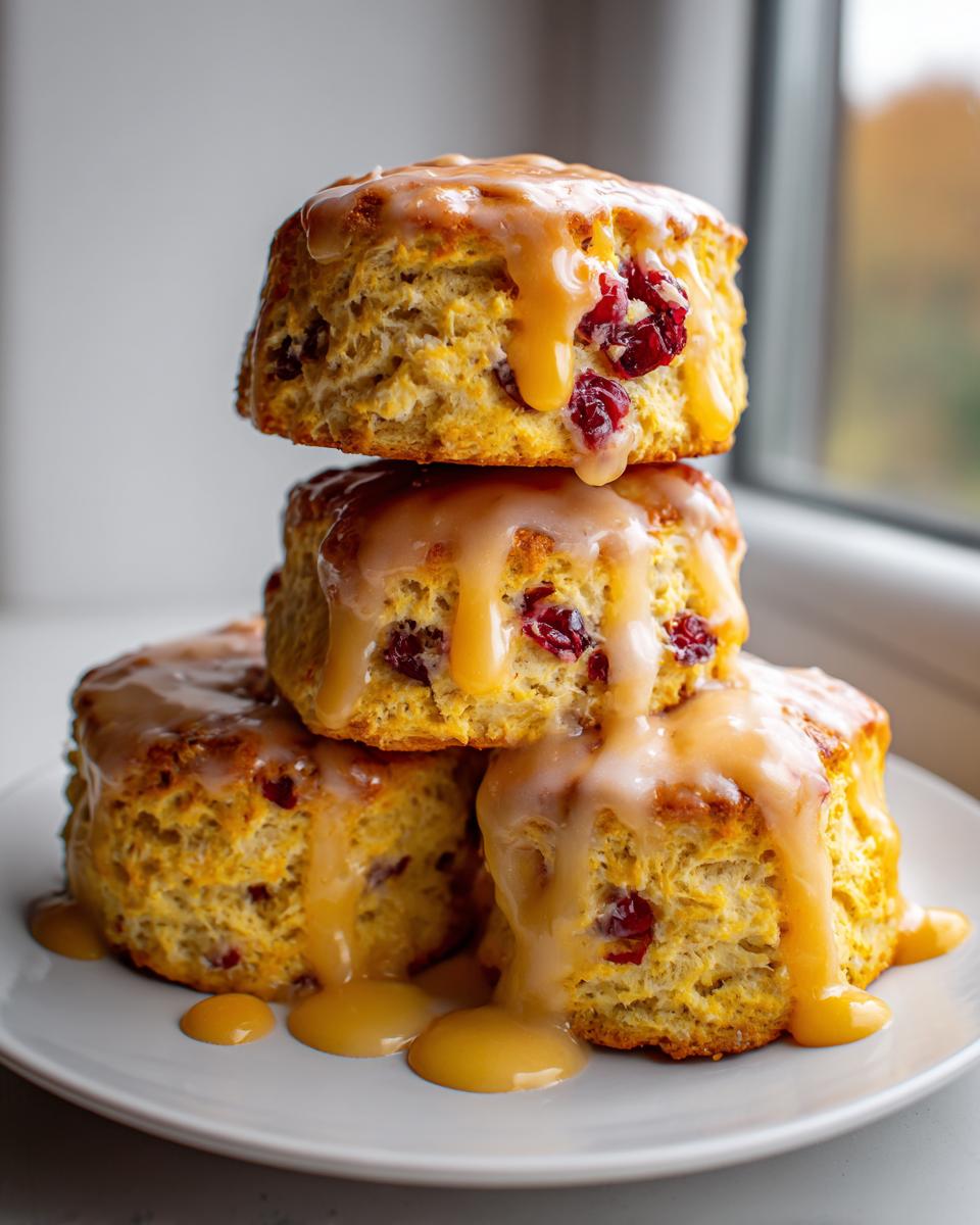 Three delicious cranberry orange scones stacked and drizzled heavily with a light orange glaze.