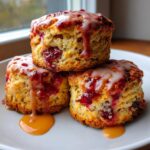 Three tall cranberry orange scones stacked on a white plate, drizzled with a light glaze and orange sauce.