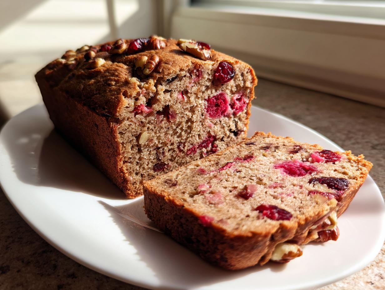 A loaf of homemade cranberry walnut bread, partially sliced, showing bright red cranberries and walnuts inside.