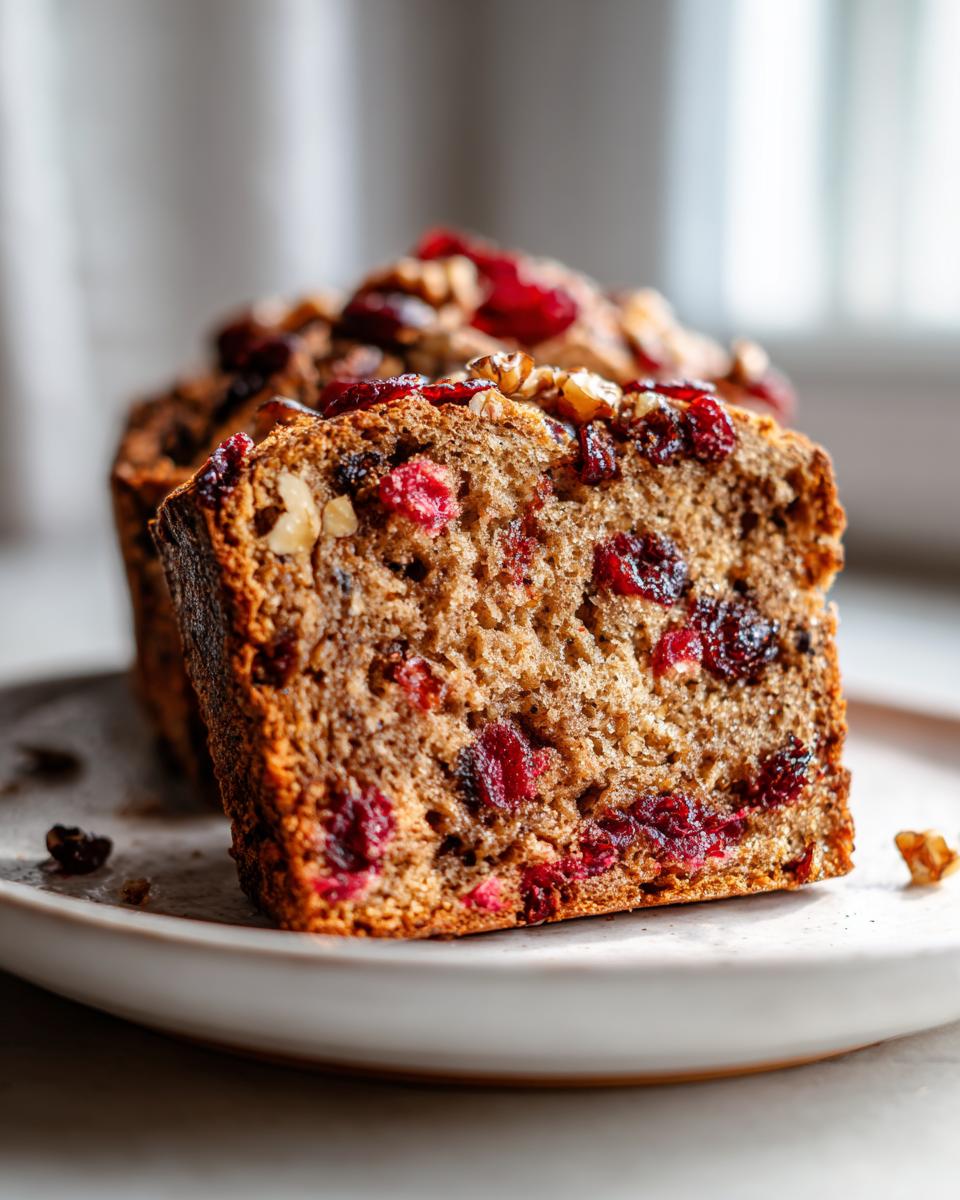 Close-up of a thick slice of moist cranberry walnut bread showing visible cranberries and walnuts throughout the crumb.