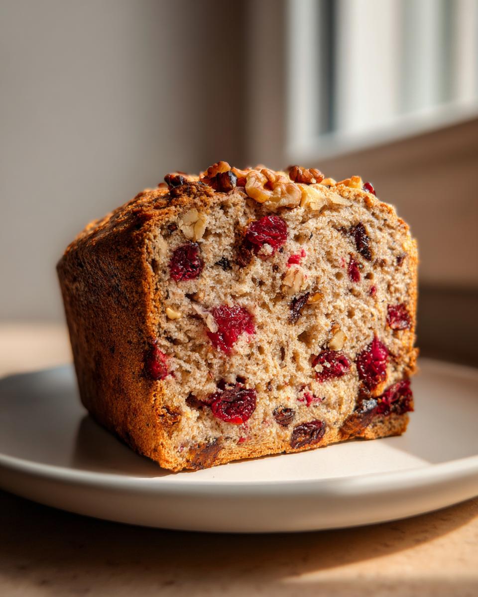 Close-up of a thick slice of cranberry walnut bread showing bright red cranberries and walnuts baked inside.