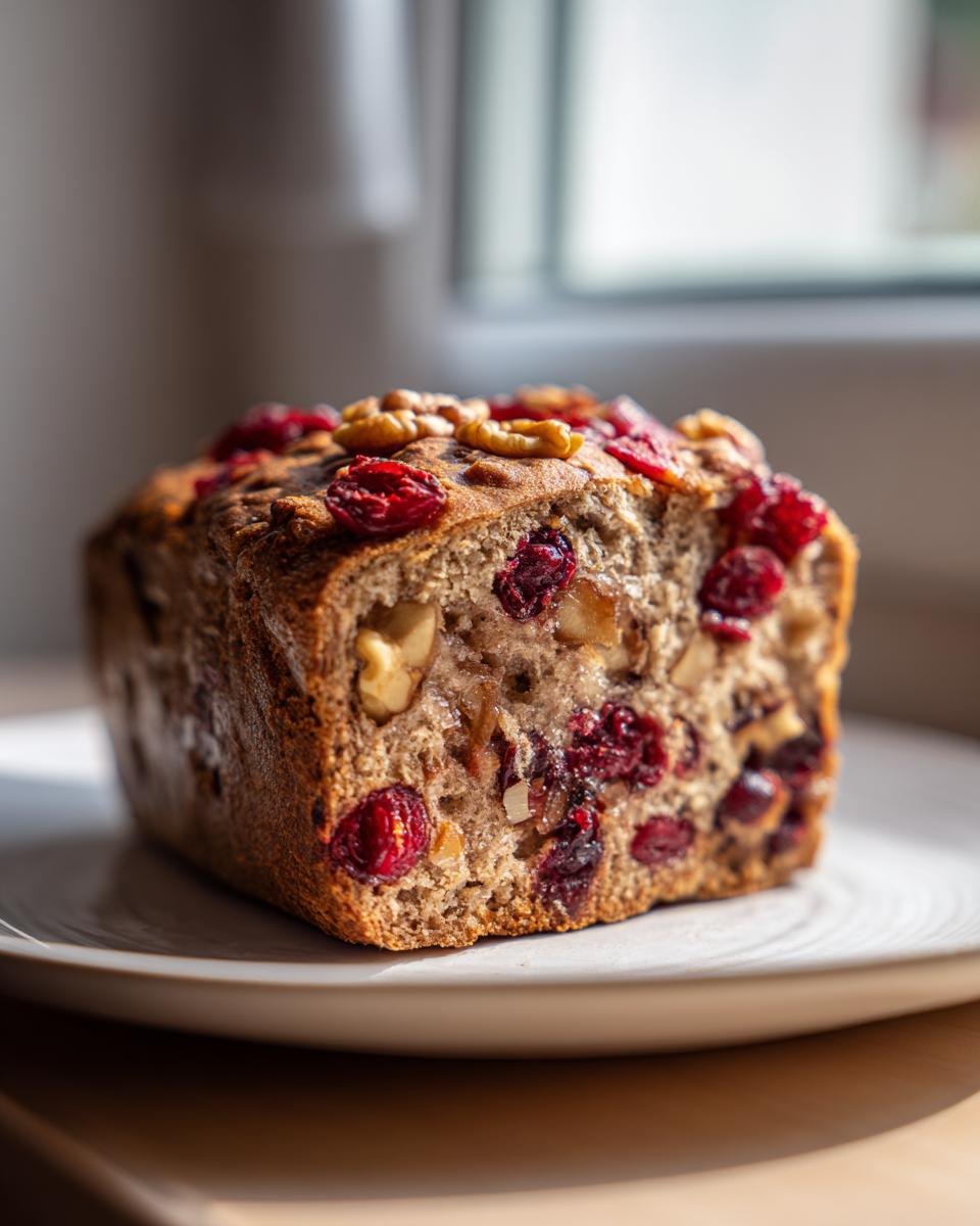 A close-up of a thick slice of homemade cranberry walnut bread, studded with dried cranberries and walnuts.