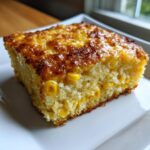 A close-up of a square serving of rich cream cheese corn casserole with a golden-brown, slightly caramelized top.
