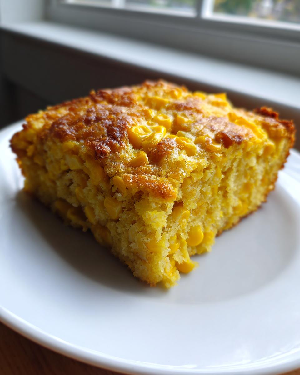 A square slice of rich, yellow cream cheese corn casserole with visible corn kernels and a golden-brown crust.