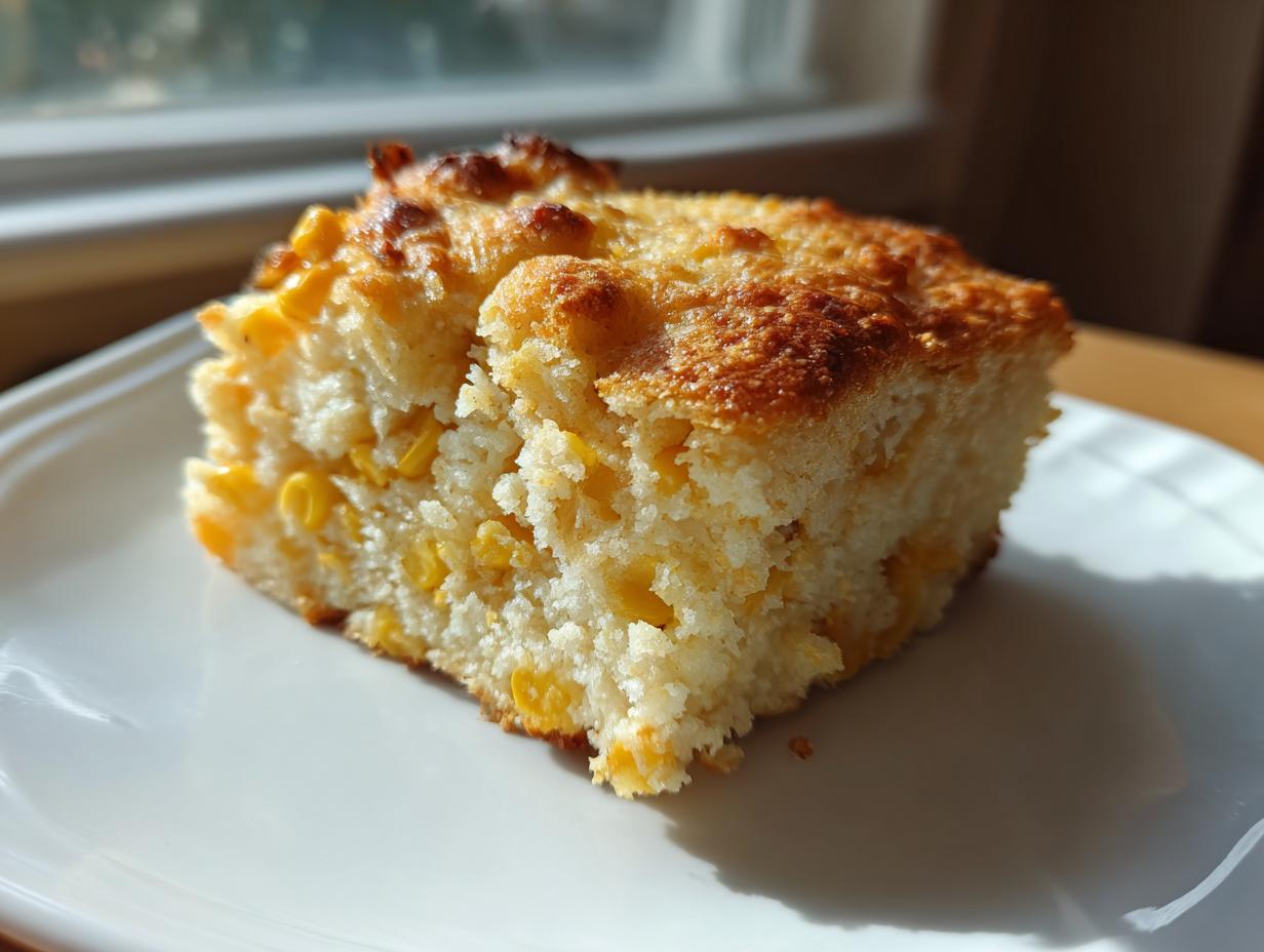 A close-up, sunlit slice of moist cream cheese corn casserole filled with whole corn kernels.