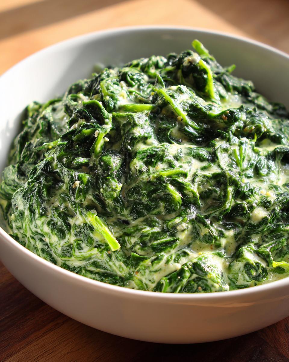 Close-up of a white bowl filled with rich, vibrant green creamed spinach recipe.