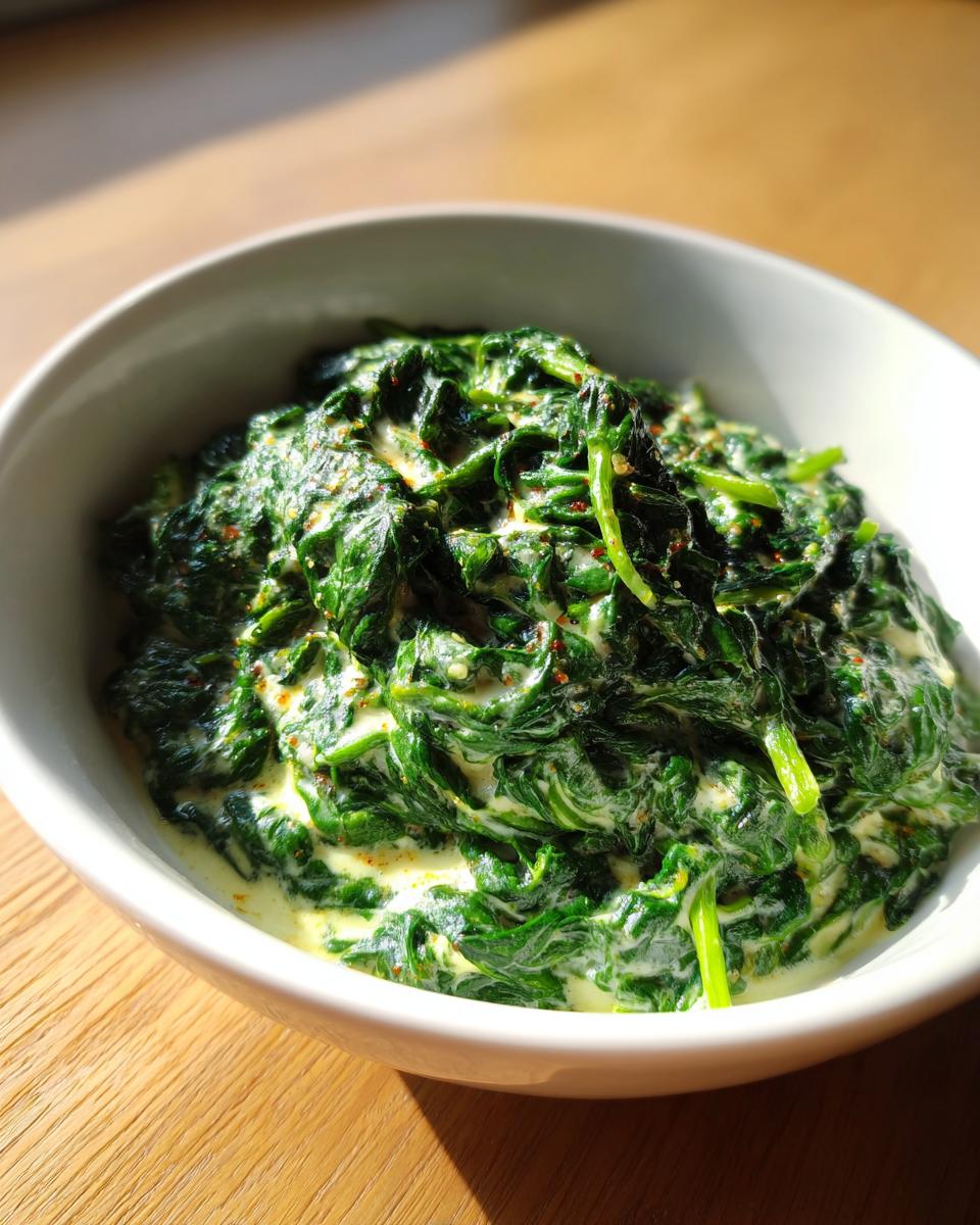 Close-up of a white bowl filled with vibrant green creamed spinach recipe, lightly seasoned.