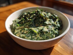 Close-up of a white bowl filled with rich, homemade creamed spinach recipe, set on a wooden surface.