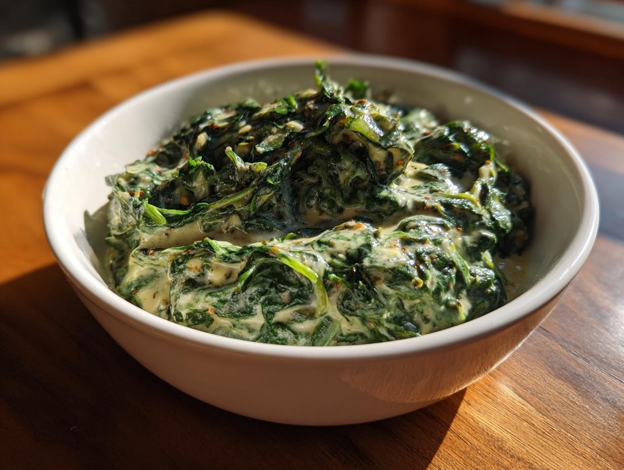 Close-up of a white bowl filled with rich, homemade creamed spinach recipe, set on a wooden surface.