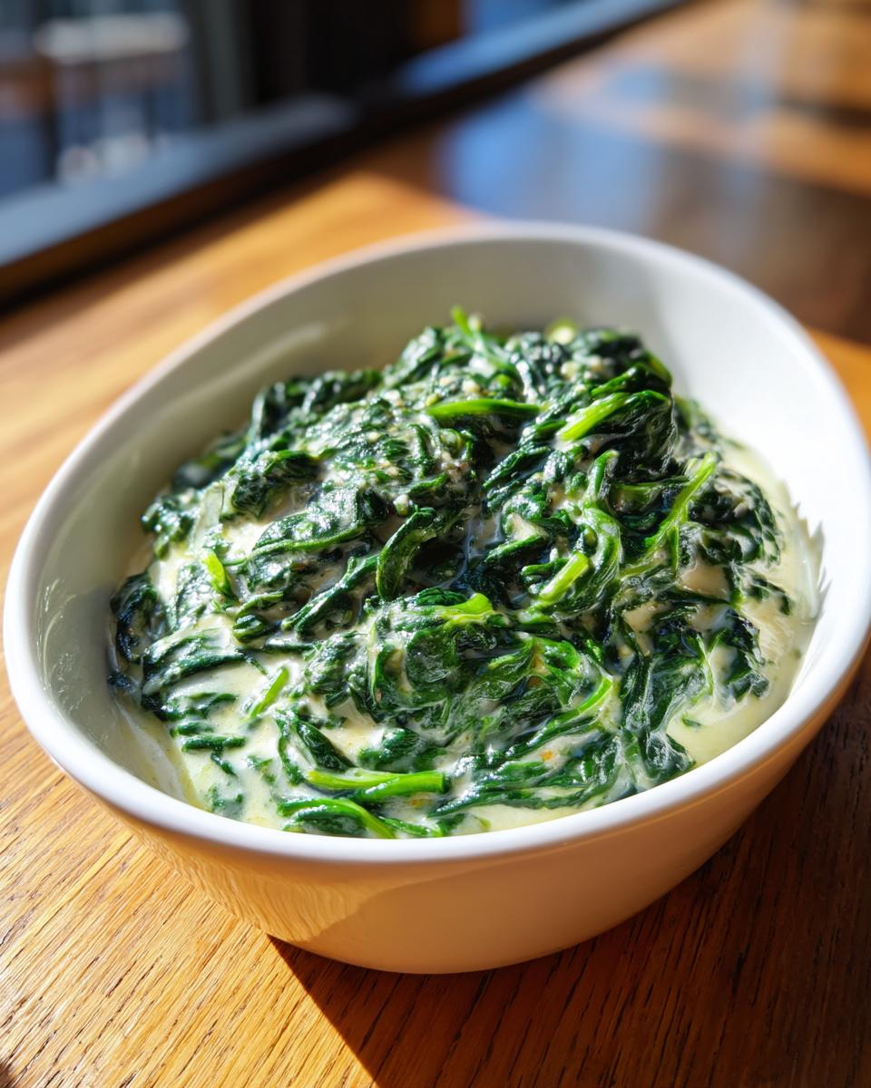 A close-up of rich, vibrant green creamed spinach served in a white bowl on a wooden table.