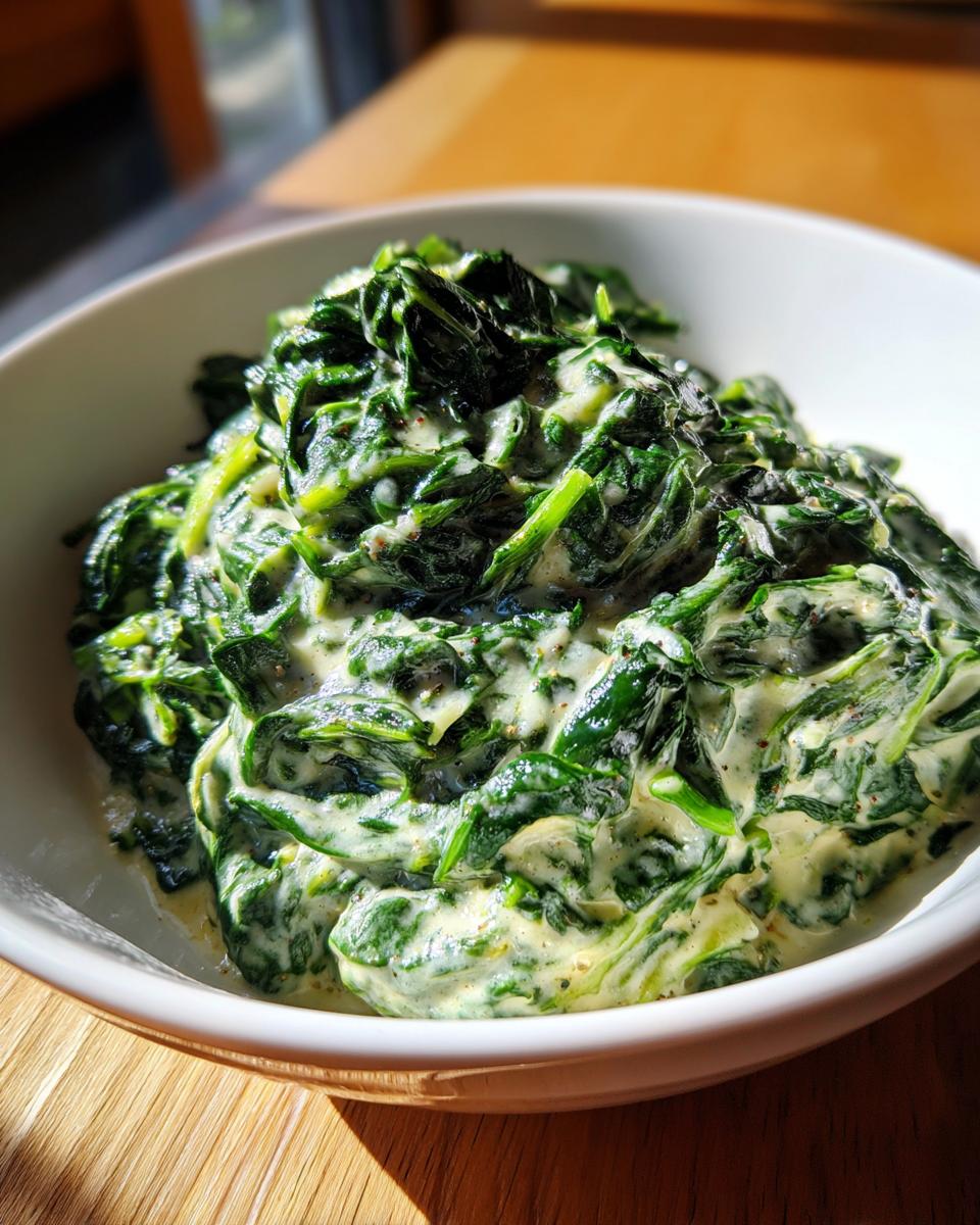 A close-up of rich, vibrant green creamed spinach recipe served in a white bowl.