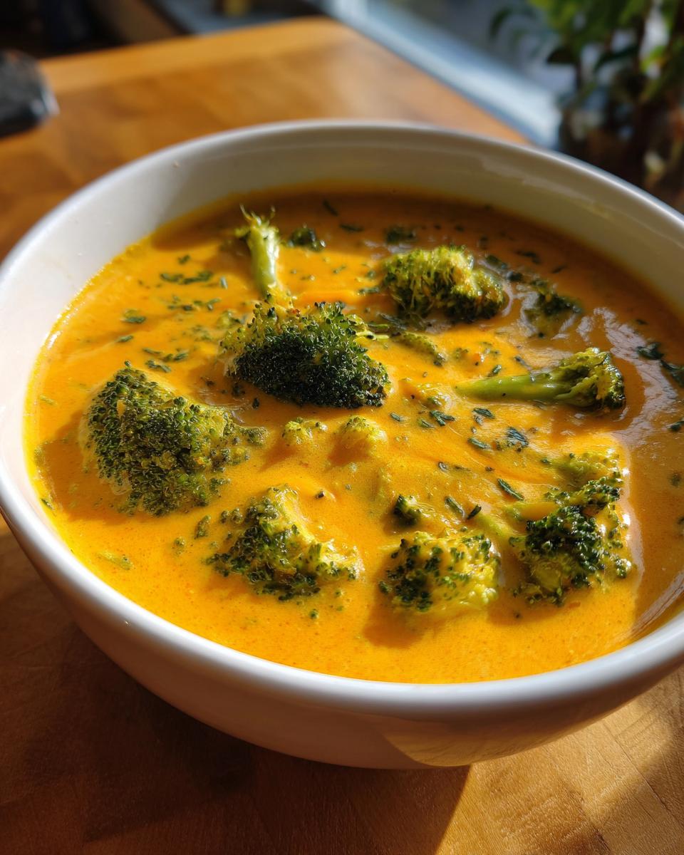 Close-up of a vibrant orange bowl of creamy broccoli cheddar soup, topped with bright green broccoli florets and herbs.