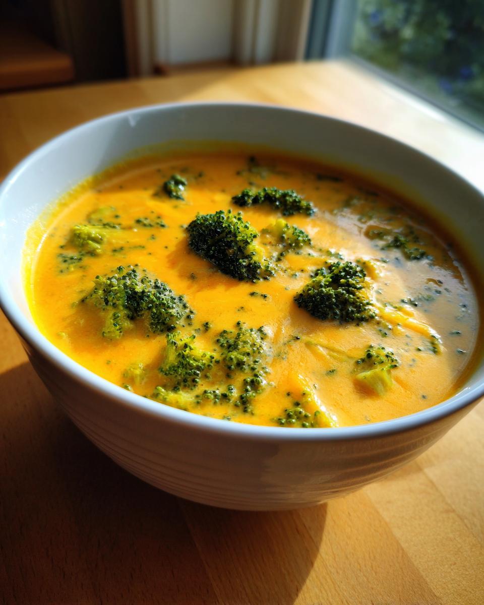 A close-up of a white bowl filled with vibrant orange broccoli cheddar soup, topped with green broccoli florets.