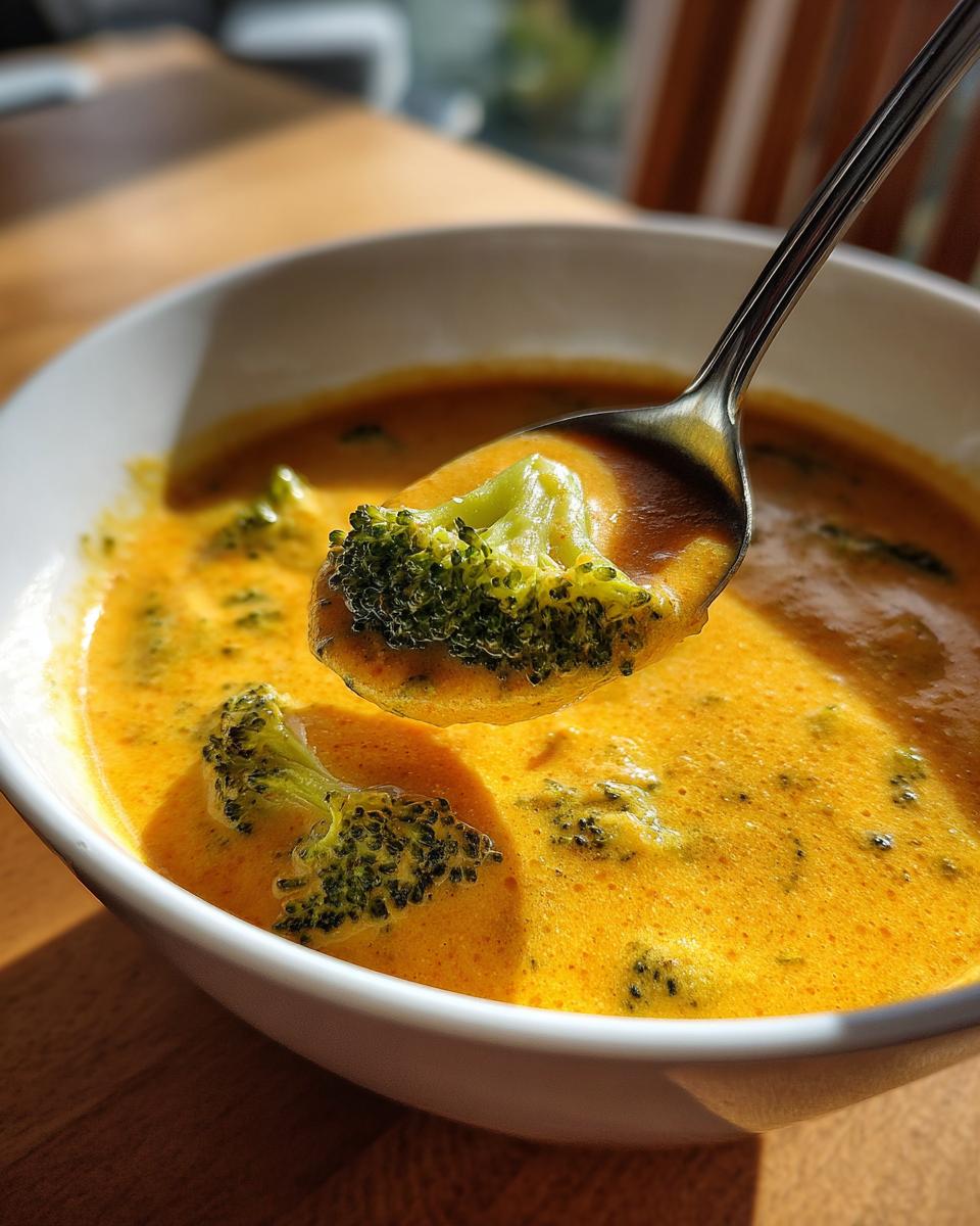 A spoonful of rich, orange broccoli cheddar soup lifted from a white bowl, featuring a large piece of bright green broccoli.