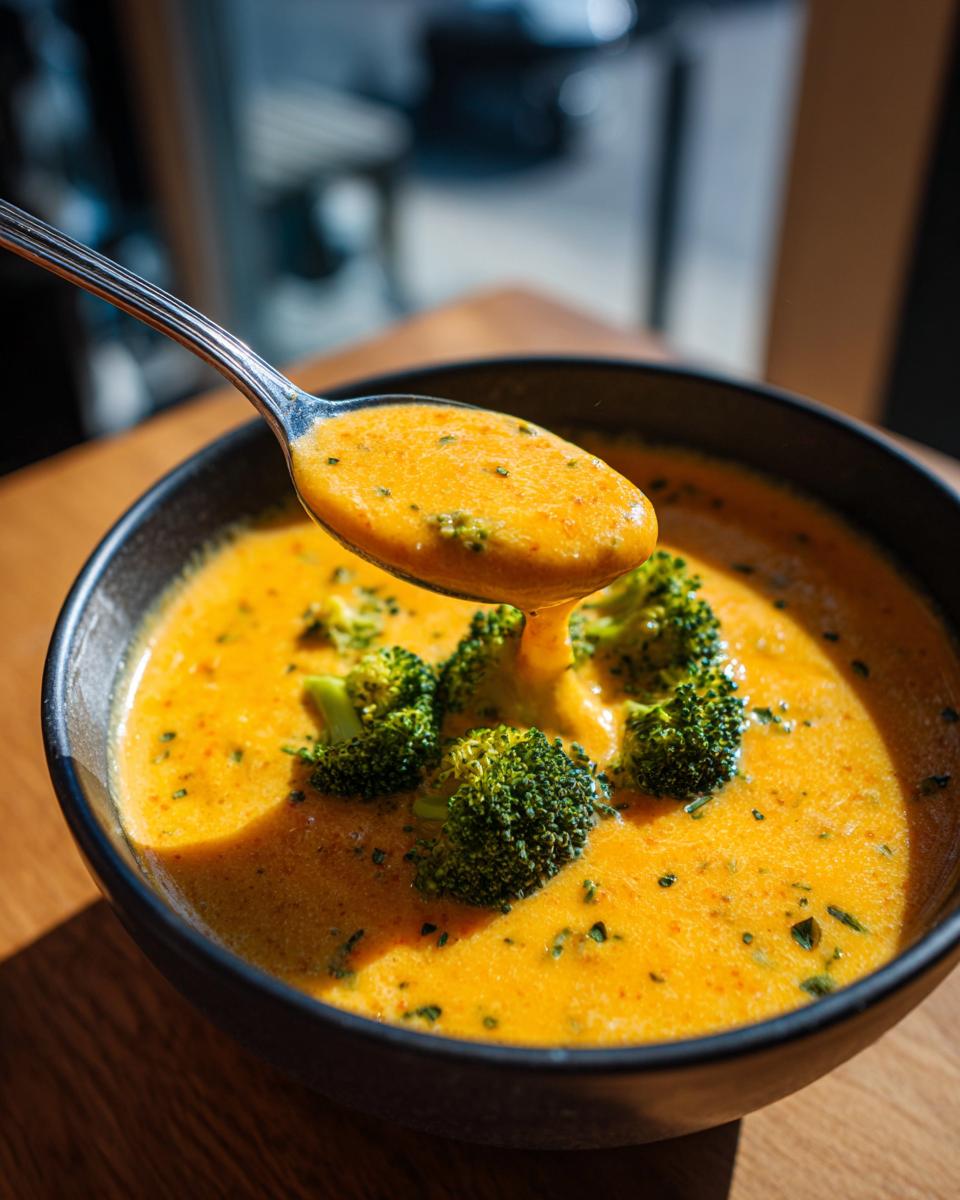 A spoonful of rich, orange broccoli cheddar soup being lifted from a black bowl containing florets of bright green broccoli.