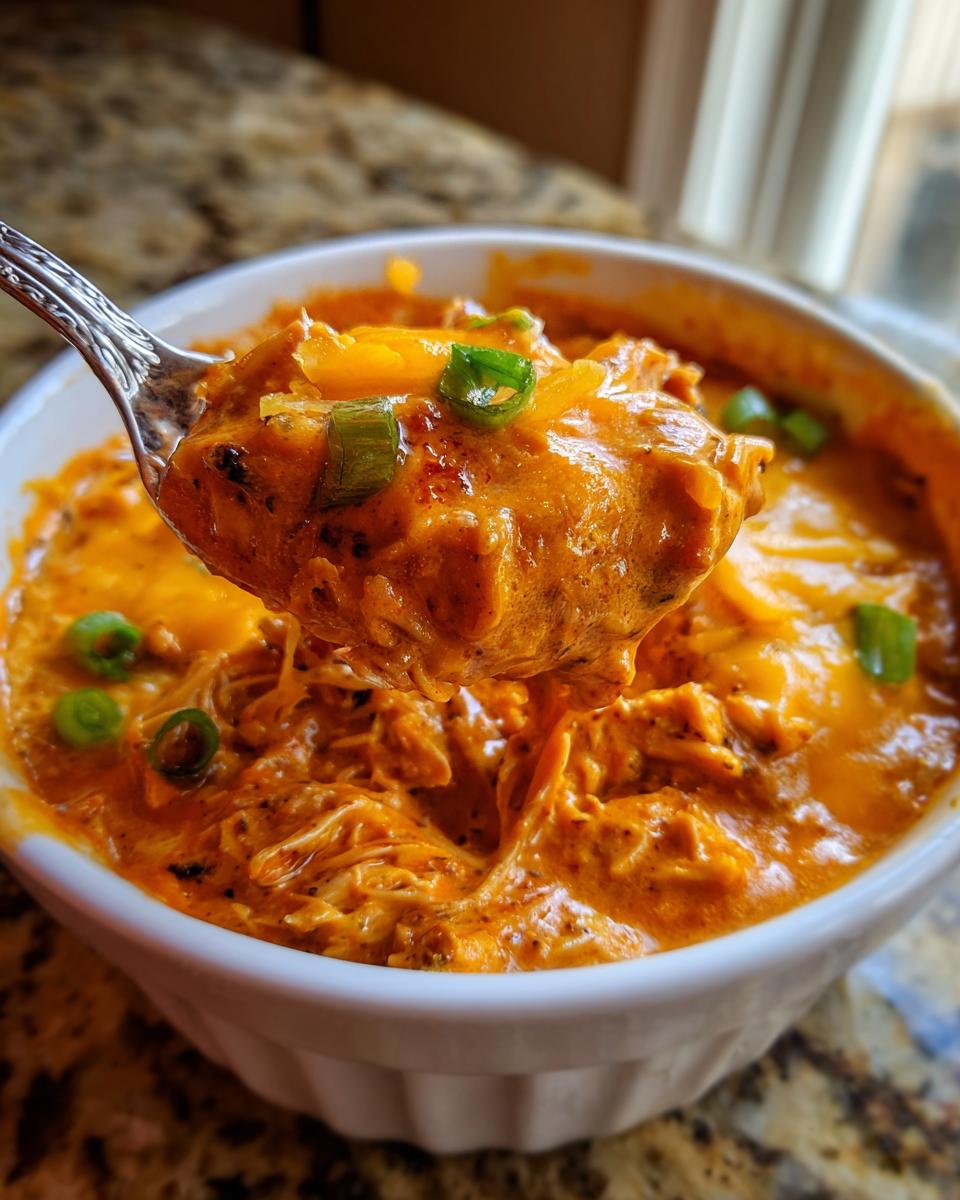 A spoonful of creamy, orange buffalo chicken chili topped with melted cheese and green onions being lifted from a white bowl.