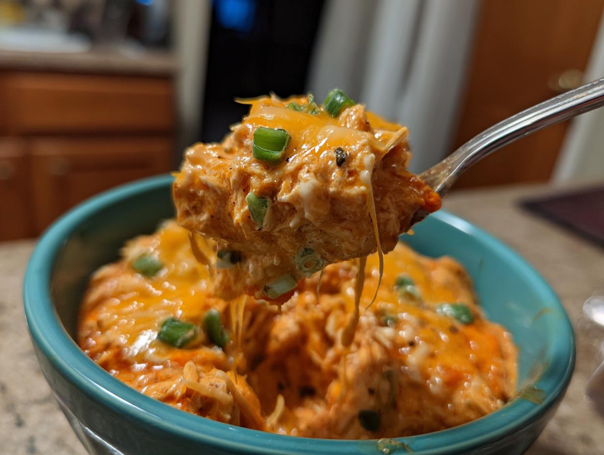 A spoonful of creamy buffalo chicken chili, topped with melted cheese and green onions, being lifted from a blue bowl.