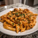 Close-up of a serving of creamy cajun chicken pasta with penne, rich orange sauce, and fresh parsley.