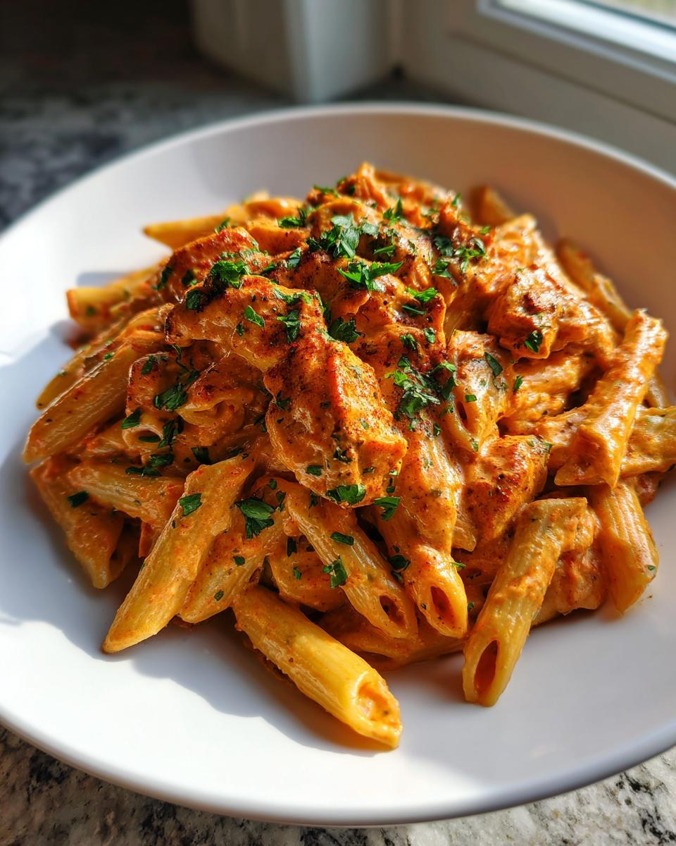 A close-up of creamy cajun chicken pasta made with penne noodles and topped with fresh parsley.