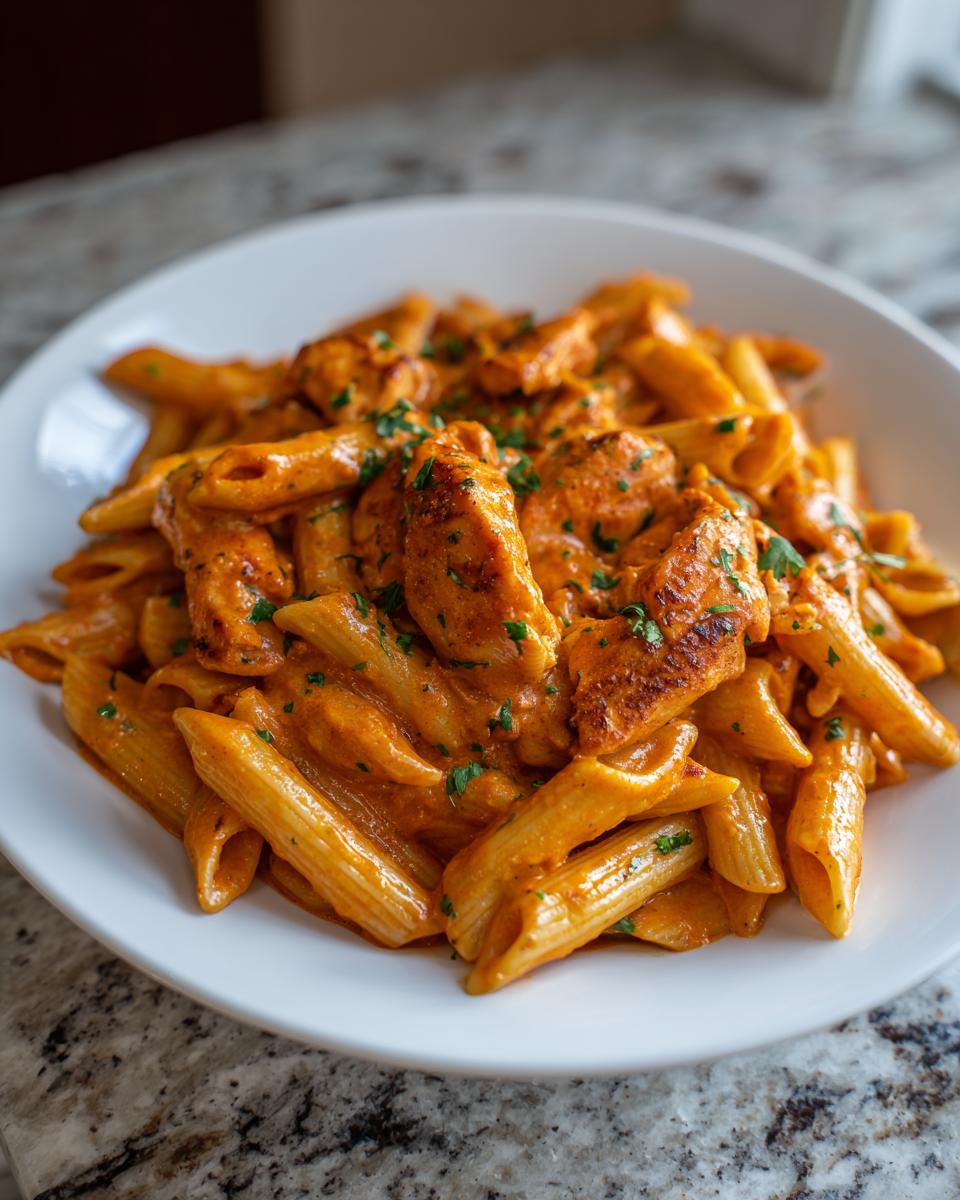 A close-up of creamy cajun chicken pasta featuring penne noodles and seasoned chicken pieces, garnished with parsley.