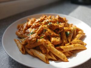 A close-up of creamy cajun chicken pasta made with penne noodles, served on a white plate.