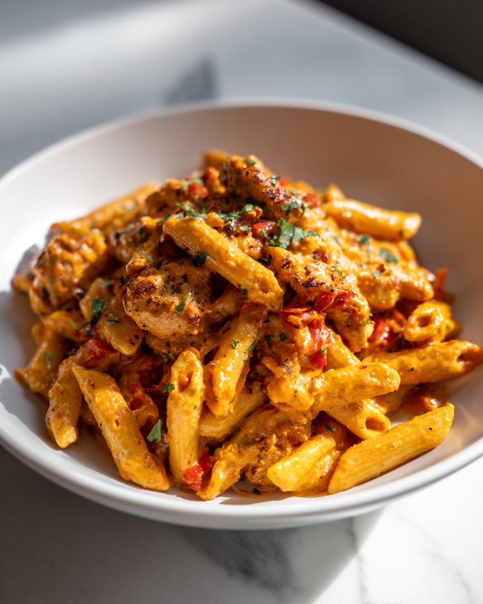 Close-up of creamy cajun chicken pasta with penne, chicken pieces, and red peppers in a white bowl.