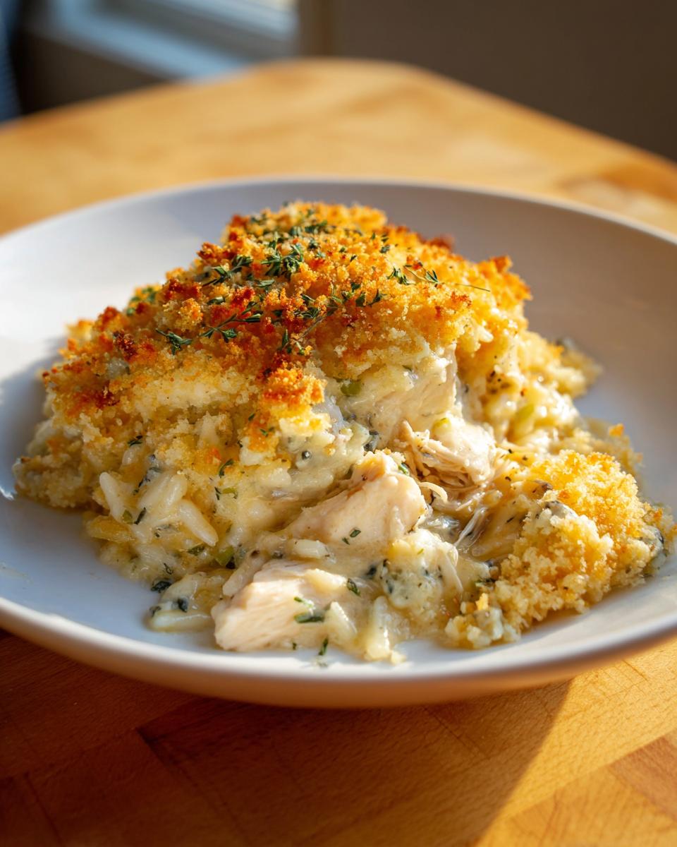 A scoop of creamy chicken wild rice casserole topped with a golden, crispy breadcrumb crust and fresh thyme.