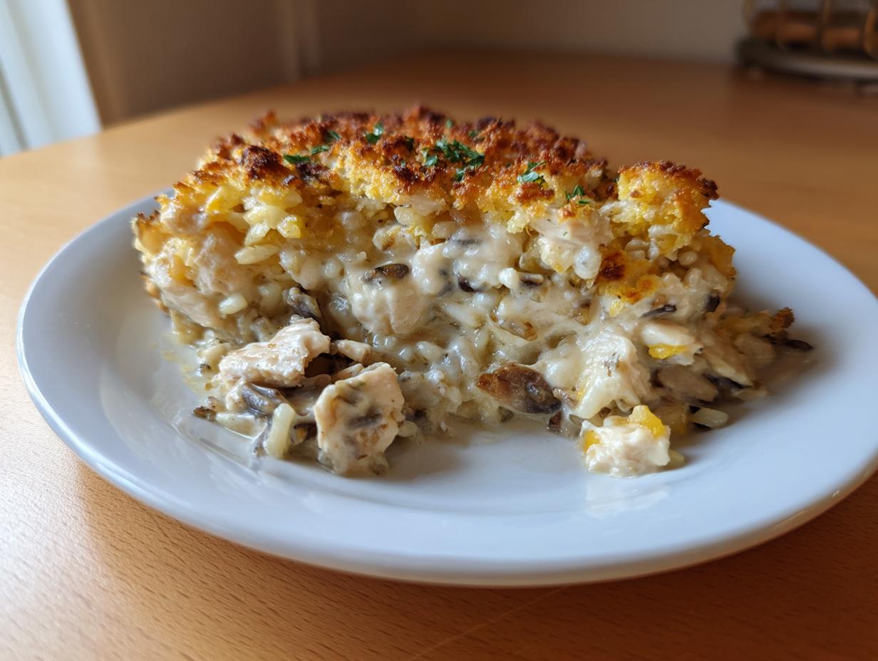 A generous serving of creamy chicken wild rice casserole with a golden, crunchy topping on a white plate.