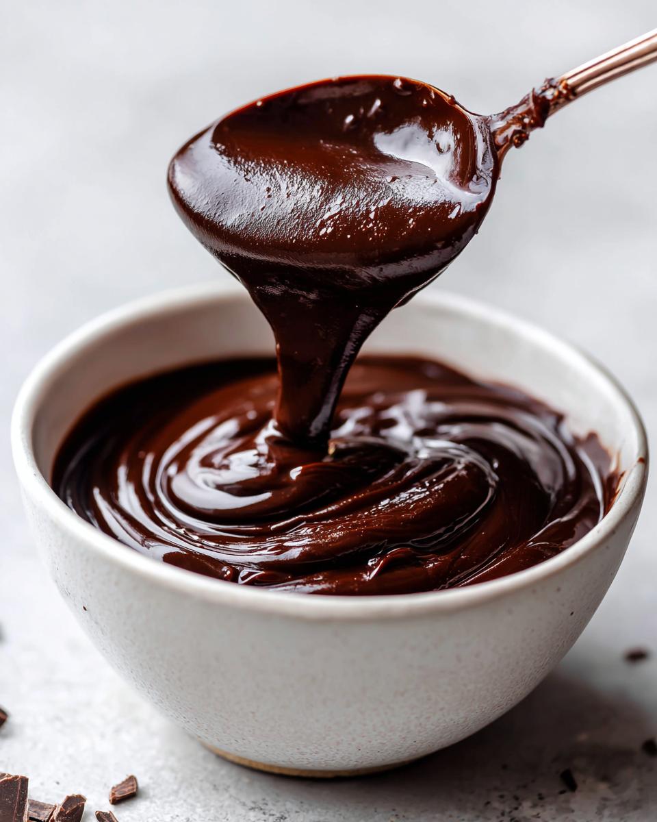 A spoonful of rich, dark chocolate pudding is being poured into a white bowl, showing its creamy texture.