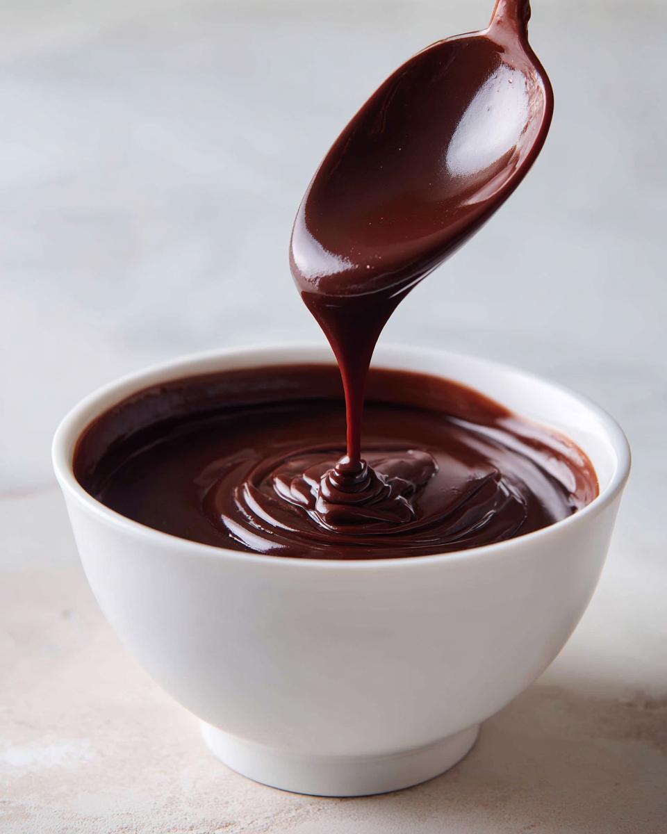 A spoonful of rich, glossy chocolate pudding is being poured back into a white bowl, showing its creamy texture.