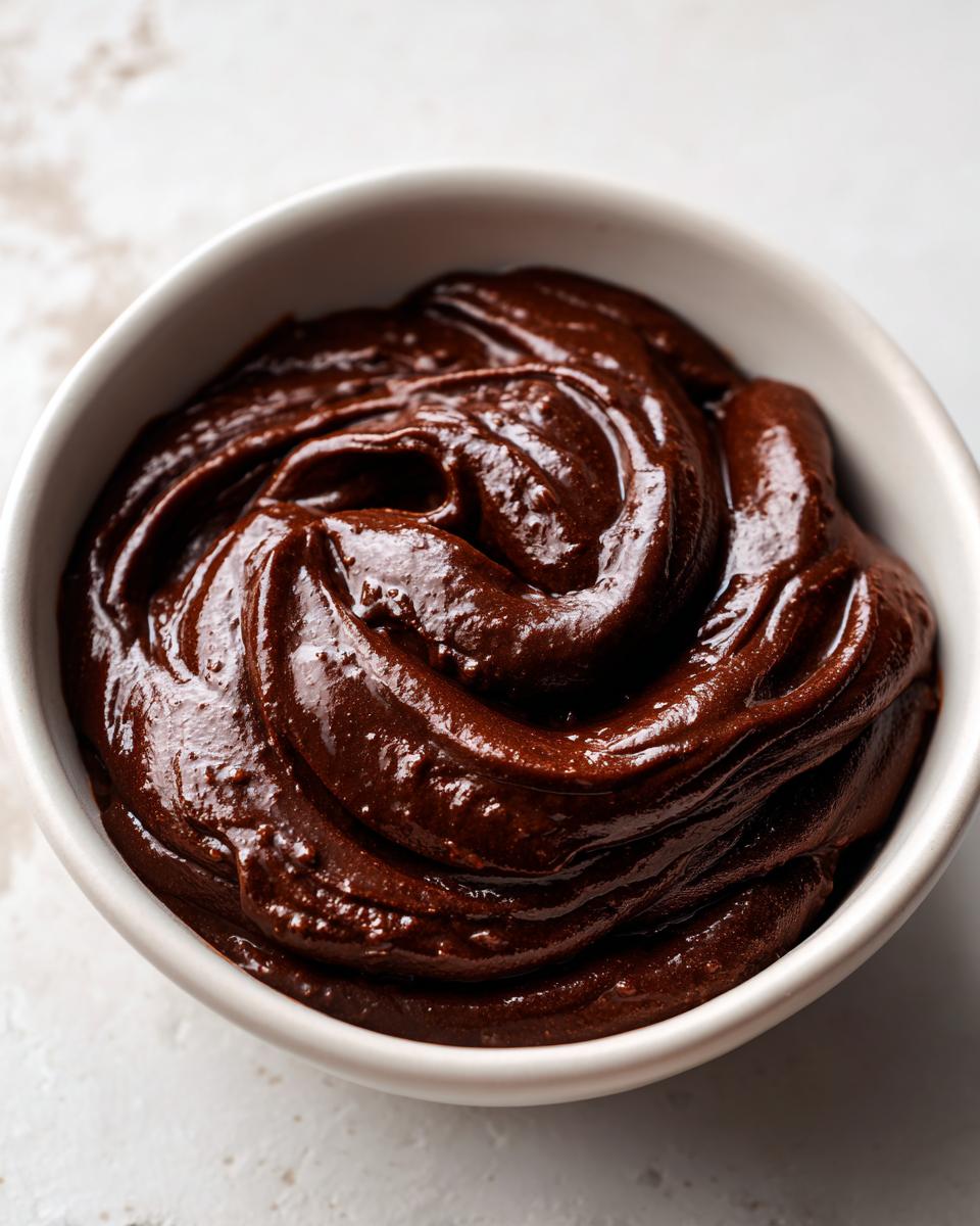 Close-up of thick, glossy, dark brown chocolate pudding swirled inside a small white bowl.